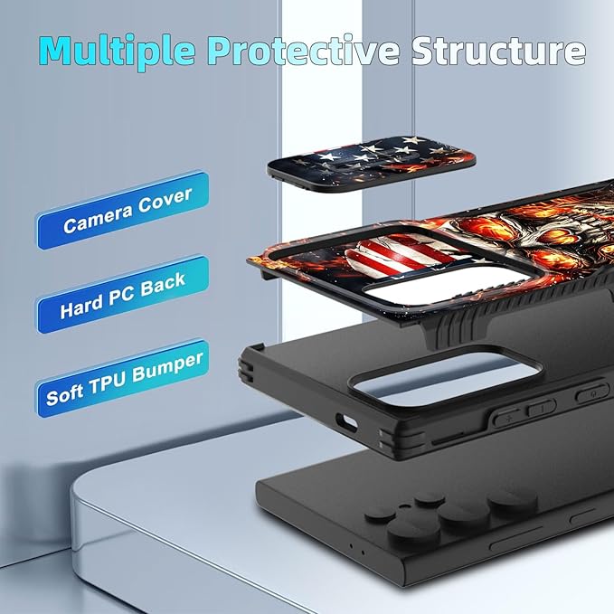 for Galaxy S24 Ultra Case Built in Slide Camera Lens Cover,Heavy Duty Shockproof Protection Dual Layer Case for Samsung Galaxy S24 Ultra 6.8" 2024,American Flag Flame Skull