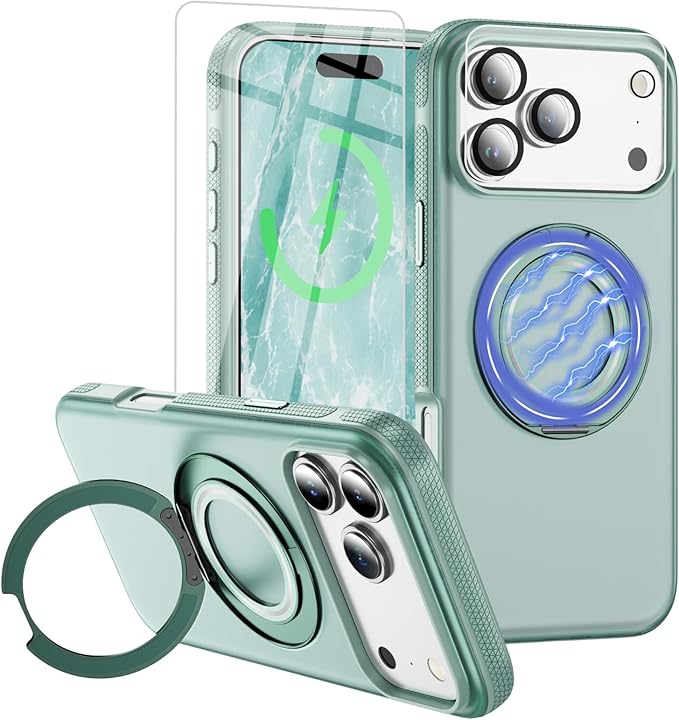 for iPhone 17 Pro Max Case [Compatible with Magsafe] [15 FT Military Grade Drop Protection] with Screen Protector & Lens Protector,Shockproof Kickstand Phone Case for iPhone 17 Pro Max (Green)