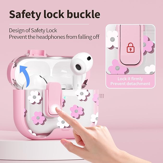 for AirPods Pro 3 Case(2025) with Secure Lock Clip and Phone Stand,Floral Girly Style Protective Cover with Cleaning Kit and Hand Strap for Apple AirPod Pro 3 Generation (Pink Petals)