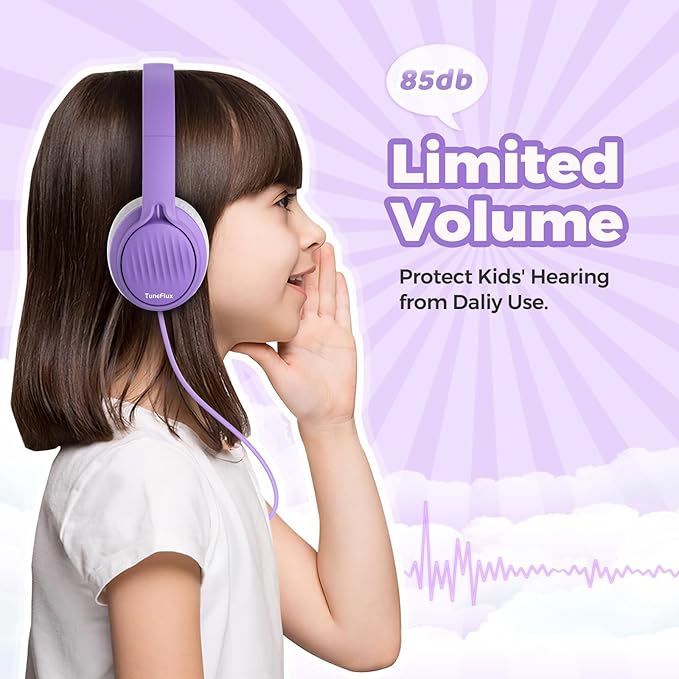 TuneFlux Upgraded Kids Headphones, Wired Toddler Headphones, 85dB Limited Volume On Ear Headphones, Portable Foldable Design, Stereo Sound Kids Headsets for School/Tablet/Travel-Purple