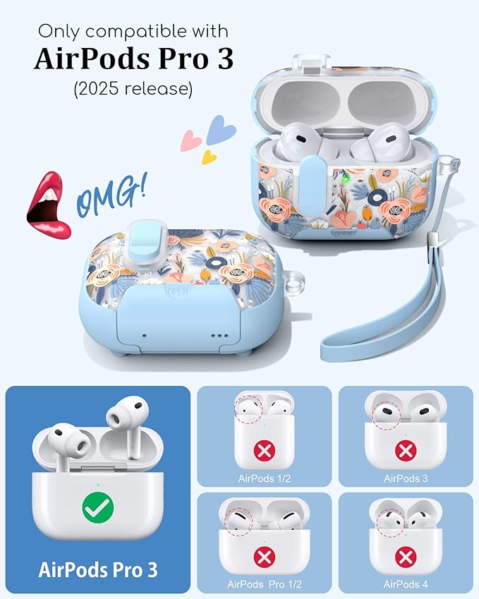 TATOFY for AirPod Pro 3 Case (2025) with Phone Stand Lanyard Lock Cleaning Kit, Compatible with Magsafe, Flowers Hard AirPods Pro 3rd Generation Cover for Women (Blue, AirPods Pro 3)