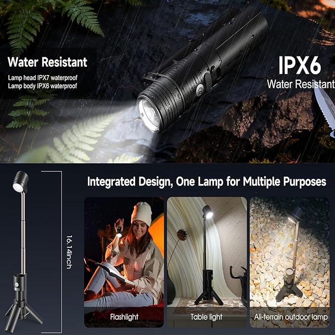 AsFrost Flashlight Camping Light 2in-1, 180°Flip Double Lamp 8-Mode Rechargeable LED Bright Flash Light Camp Lantern Reading Light Waterproof 4500mAh for Outdoor Home Emergency, Gift for Men Women