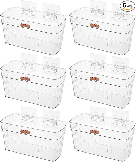 6 Pack Adhesive Cabinet Door Organizer, Compact Kitchen Under Sink Caddy, Plastic Bathroom Countertop Organizer Bins, Clear Pantry Storage Basket, Under Cabinet Seasoning Spice Rack