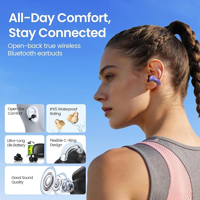 Clip On Earbuds,Open Ear Headphones Mini Bone Conduction Headphones IPX6 Waterproof Bluetooth Earbuds, Bluetooth 5.4 Ear Clip Earphones for Running Walking, Workout - Purple