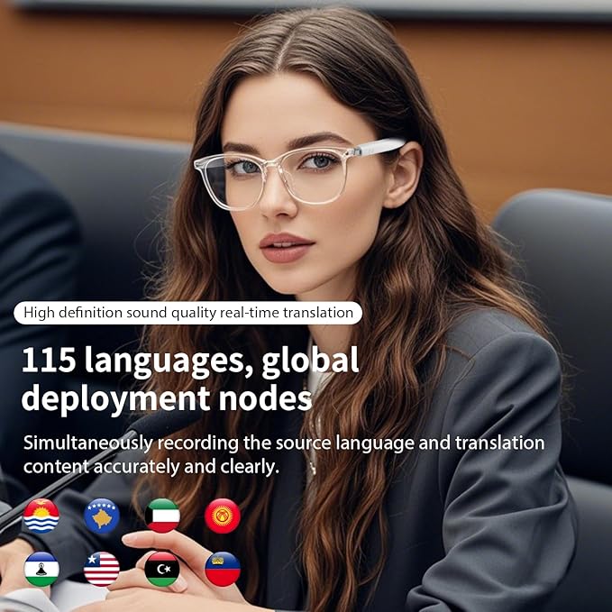 AI Smart Glasses for Women Men, Clear Frame Blue Light Glasses, Real-Time Translation（160+Languages), Photo Translation, No Subscription, Bluetooth AI Translation Glasses for Business Travel-Clear