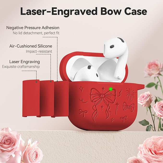 for Airpods 4 Case Cover, Joremx Cute Bow Engraved Silicone Protective Case Cover with Keychain, Cleaner Kit for AirPods 4th Generation Case 2024 (Red)