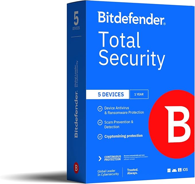 Bitdefender Total Security 2025 – Complete Antivirus and Internet Security Suite – 5 Devices | 1 Year Subscription | PC/Mac | Activation Code by Mail