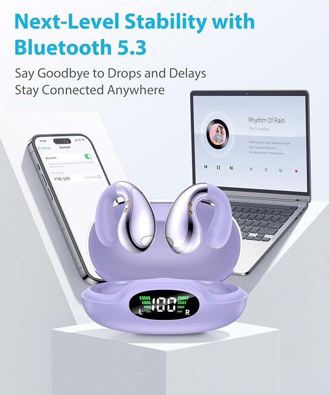 Ultra Open Ear Earbuds – Comfortable Clip-on Bone Conduction Headphones, Wireless Bluetooth Earphones with Waterproof Design, Over Ear Buds for Running and Sports, Simple Purple