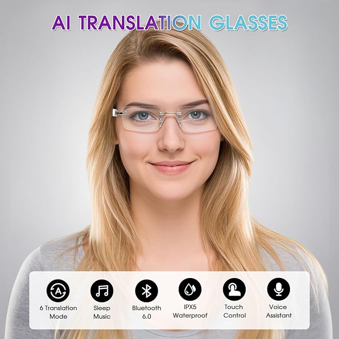 AI Translation Glasses, Bluetooth Eyeglasses with Real-Time Translator for 164 Languages, Photochromic Spring Hinge Bluetooth Glasses with Speakers, Rimless Smart Glasses for Travel/Work/Study(Gold)