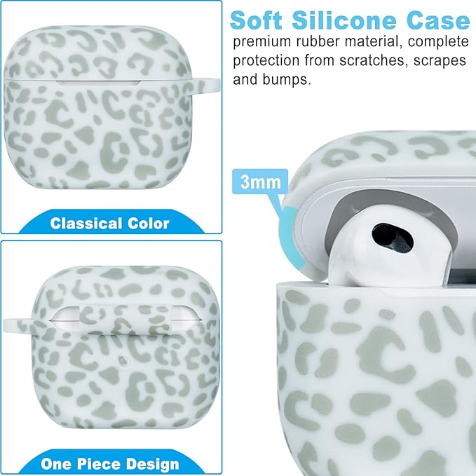 Silicone Leopard Compatible with AirPods 3 Case 2021, Gawnock Soft Case Compatible with AirPods 3rd Generation Floral Print Cover for Women Girls with Keychain (Light Green Leopard)