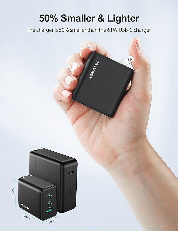 TECKNET 65W GaN Wall Charger PD 3.0 USB-C Travel Adapter,3-Port Foldable Fast Charger with 5ft Cable for iPhone 16 Pro Max/16 Plus/16/15/iPad/Galaxy S24/S25/MacBook Pro/Switch and More Series