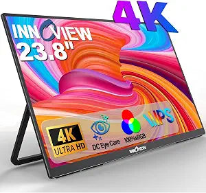 Innoview 23.8” 4K Large Portable Monitor, UHD (3840*2160) 100%sRGB IPS Speakers USB-C HDMI Work Home Second Monitor W/180°Adjustable Stand for Laptop, Desktop, Macbook, Phones, Tablet, PS5/4, Switch