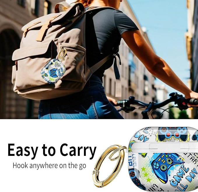 Cute Hard Case Compatible with AirPods Pro 3rd Generation Case (2025), Shockproof Protective Cover with Golden Keychain Ring Clip (Blue Game Pattern)