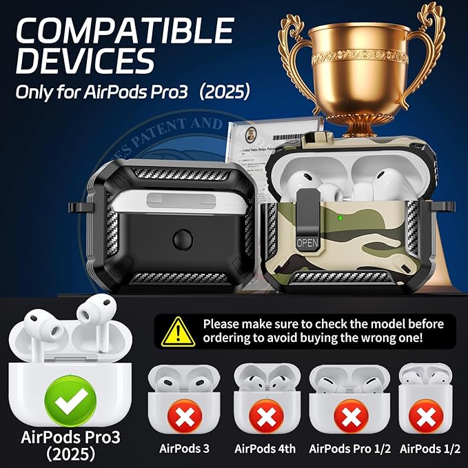 for AirPods Pro 3 Case (2025 New), Secure Lock Cases Cover with Cleaning Kit & Keychain Compatible with Airpods Pro 3rd Generation Case for Men Women, Powerful Drop Protection