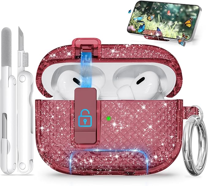 for AirPods Pro 2 Case with Phone Stand & Secure Lock, Auto-Open Clear Cover Compatible with Apple AirPods Pro 2nd/1st Gen (2023,2022,2019) with Cleaning Kit & Keychain (Shine-Clear White)