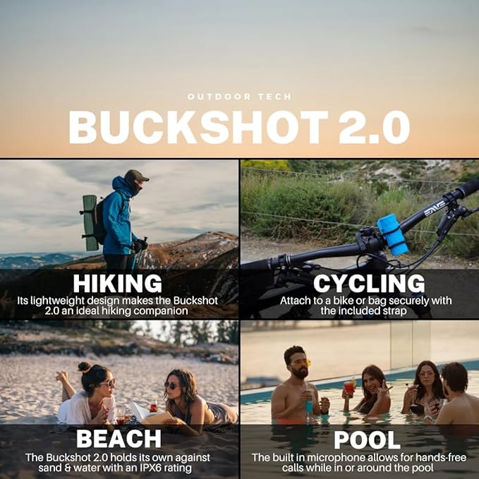 Outdoor Tech Buckshot 2.0 Bluetooth Speaker, Black - Portable Wireless Speaker, Rugged Waterproof IPX6 - Perfect for Biking, Boats, Camping, Hiking, Pool, Beach, Golf Cart