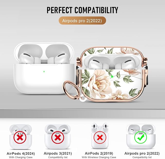 Maxjoy for Cute Airpods Pro 2 case with Safety Lock,Compatible Airpods Pro Case 2nd/1st Gen,Compatible Flesh Colored Rose Flower AirPods Case Cover for Women Girly with Keychain-Transparent