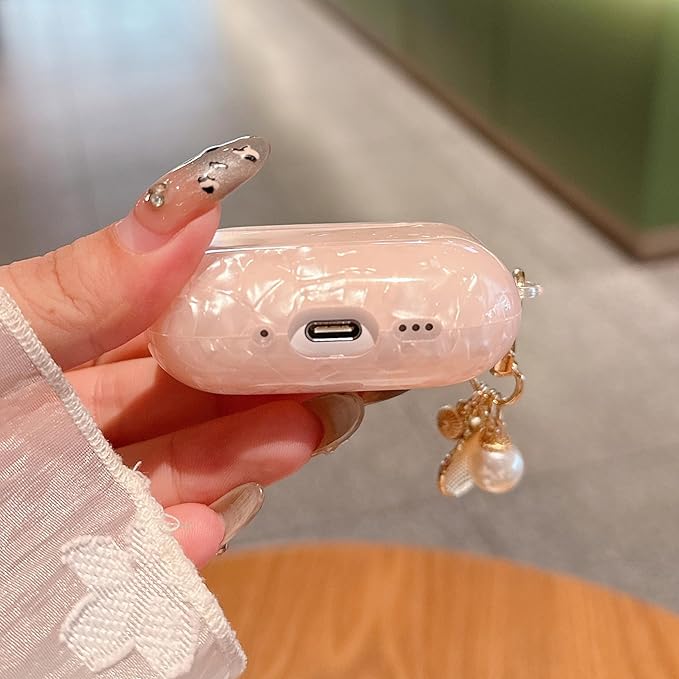 for AirPod Pro 3 Case 2025 Cute Luxury Marble TPU Protective Cover with Glitter Shell Pearl Keychain Compatible for AirPods Pro 3rd Generation Case for Women Girls (Pink)