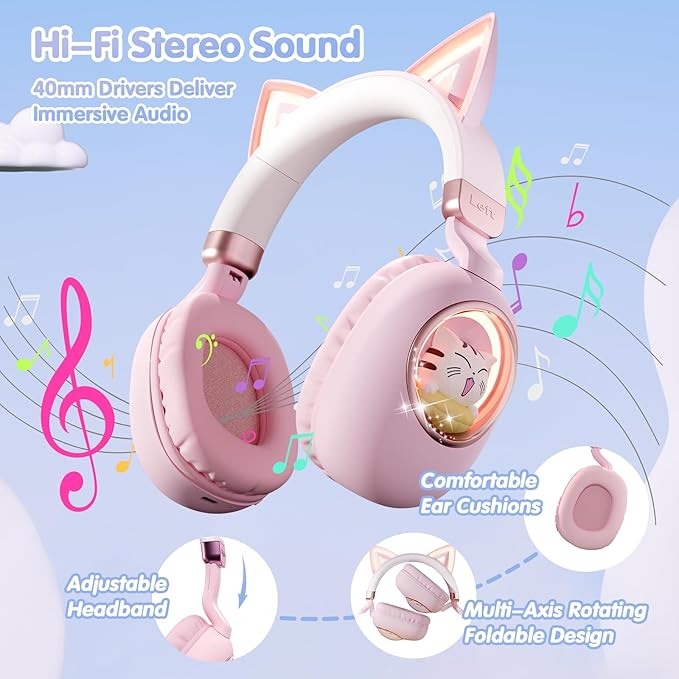esonstyle Kids Headphones Cat Ear - Bluetooth 5.4 Over-Ear Noise Cancelling Headphones with Microphone LED Lights Up 85dB Safe Volume Limit Wireless or 3.5mm Wired USB C for Travel iPad Tablet (Pink)