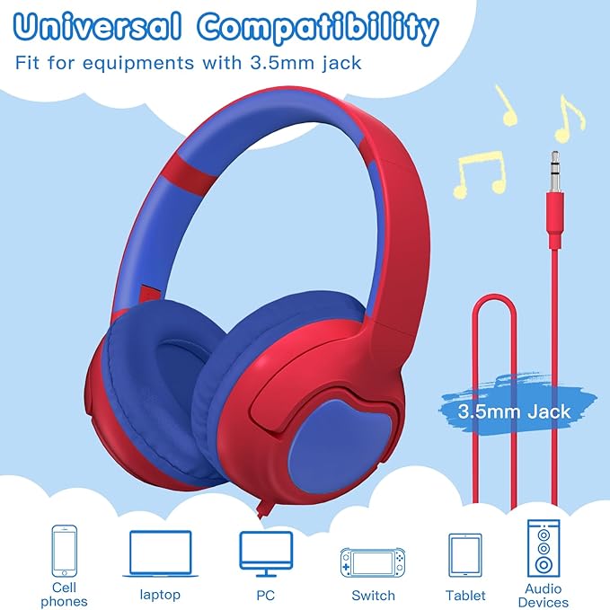 ZIHNIC Wired Kids Headphones, Safe 85dB Volume Limit for Boys & Girls, Comfortable Earpads, Foldable Design for School, Tablets, and Travel-RED
