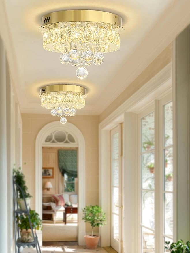 Dia 12" Mini Chandelier Flush Mount Chandelier for Hallway, Crystal Ceiling Chandeliers for Dining Room, Bedroom, Living Room, Entryway, Kitchen (Gold Ceiling Light Fixture)