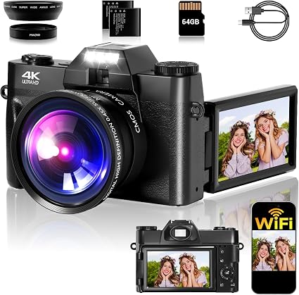 4K Digital Camera for Photography, 75MP WiFi Vlogging Camera for YouTube, 3" 180° Flip Screen Point and Shoot Camera with 64GB SD Card, 2 Batteries, Compact Travel Camera for Beginners