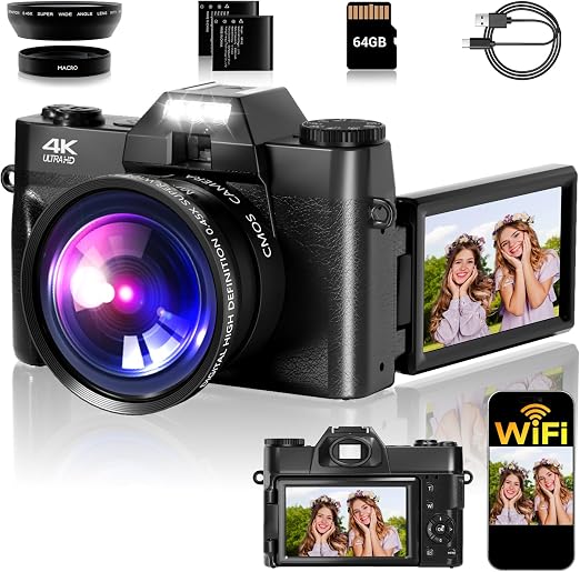 4K Digital Camera for Photography, 75MP WiFi Vlogging Camera for YouTube, 3" 180° Flip Screen Point and Shoot Camera with 64GB SD Card, 2 Batteries, Compact Travel Camera for Beginners