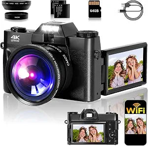 4K Digital Camera for Photography, 75MP WiFi Vlogging Camera for YouTube, 3" 180° Flip Screen Point and Shoot Camera with 64GB SD Card, 2 Batteries, Compact Travel Camera for Beginners
