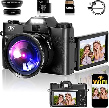4K Digital Camera for Photography, 75MP WiFi Vlogging Camera for YouTube, 3" 180° Flip Screen Point and Shoot Camera with 64GB SD Card, 2 Batteries, Compact Travel Camera for Beginners