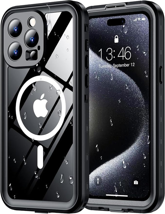 Red2Fire for iPhone 15 Pro Case Waterproof, [Built-in Screen Protector & Camera Protector][Compatible with MagSafe][Full Body Shockproof][IP68 Waterproof][Dustproof] Phone Case 6.1" Black/Clear