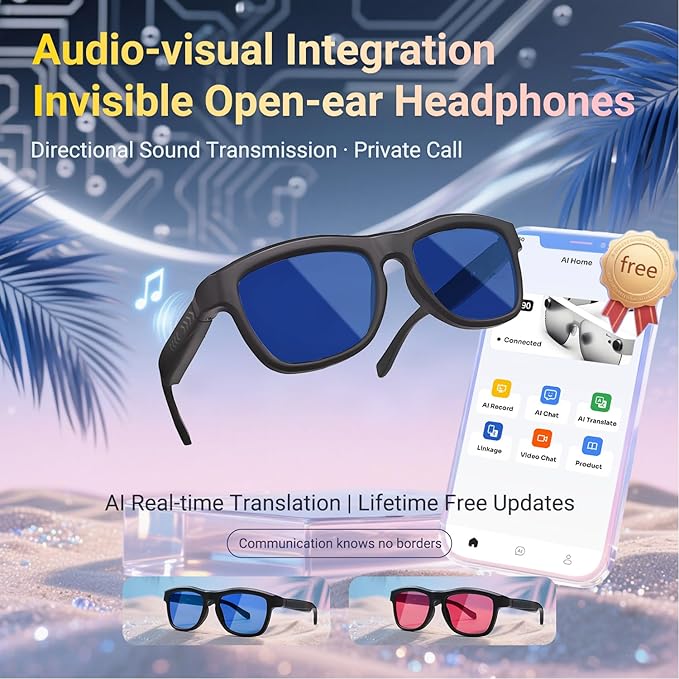 AI Translator Glasses - 2025 Smart Glasses with Slidable Color-Changing Lenses, Hands-Free Open-Ear Audio, Voice Assistant & UV Protection-RED Lenses