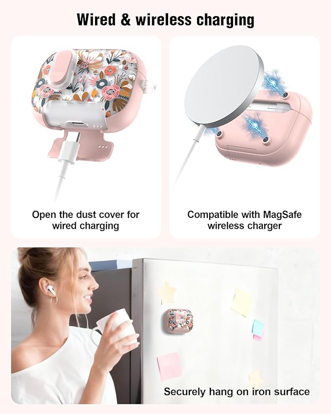 TATOFY for AirPod Pro 3 Case (2025) with Phone Stand Lanyard Lock Cleaning Kit, Compatible with Magsafe Flowers Hard AirPods Pro 3rd Generation Cover for Women (Pink, AirPods Pro 3)