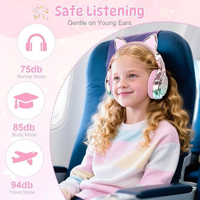 QearFun Kids Cat Ear Bluetooth Headphones, 60H Playtime, 74/85/94dB Safe Volume Limit, Metallic Gradient Wireless Headset with Mic, Fast Charging, Foldable, Wired Mode for Girls School/Tablet/Travel