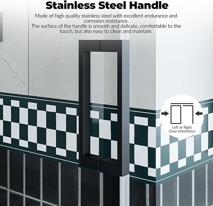 Frameless Sliding Shower Door 44–48 Inch W x 76 Inch H – Single Sliding Glass Door with Fixed Panel, 8mm Easy-Clean Tempered Glass, Stainless Steel Round Rail & 55 Rollers, Matte Black