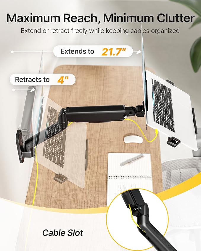monTEK Laptop Arm Wall Mount, 2-in-1 Full Motion Monitor & Laptop Stand with Adjustable Tray, Fits Max 18" Notebook and 32" Screen, Metal Ergonomic Single Monitor Holds Up to 19.8lbs