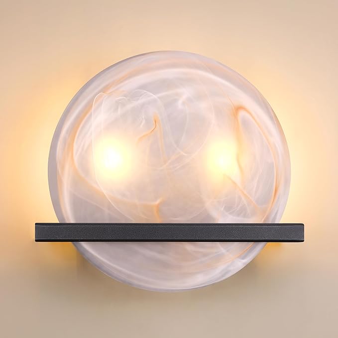 2 Light 10" Round Red Glass Bathroom Wall Sconce Modern Concise Style Wall Light Fixture,Black Finish for Bedroom Hallway Bedside