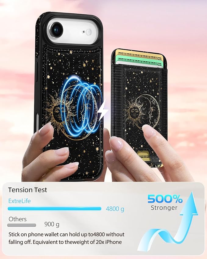 Shorogyt for iPhone Air Wallet Case - Fits 5 Cards, Compatible with Magsafe Detachable Magnetic Credit Card Holder Leather Cardholder Cute Phone Cover Women Girls for Apple 17 Air, Sun Moon