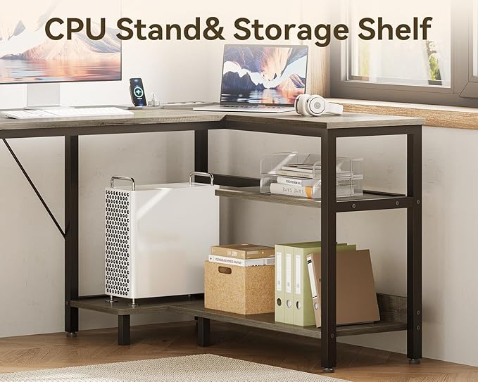 Casaottima L Shaped Desk with Drawers & File Cabinet, 63 Inch Computer Desk with Storage Shelves & CPU Stand, Corner Desk with Power Outlets, Reversible L Desk for Home Office, Grey