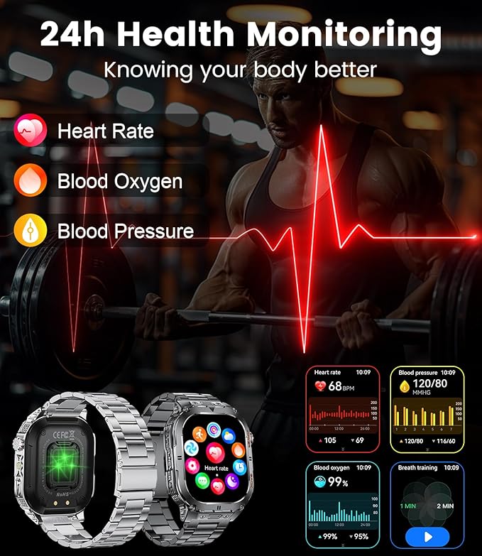 SUNKTA Military Smart Watch for Men,2.13''AMOLED/430mAh Battery Smart Watches with LED Flashlight for Android iOS (Bluetooth Call Answer/Calls) Fitness Tracker with Heart Rate/Sleep Tracking Black