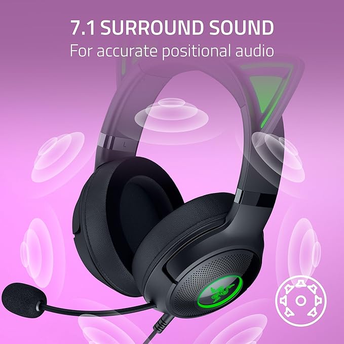 Razer Kraken Kitty V2 USB Wired Headset: Chroma RGB Kitty Ears - Stream Reactive Lighting - HyperClear Cardioid Mic - 40 mm Drivers - 7.1 Surround Sound - Comfortable Ear Cushions - Black