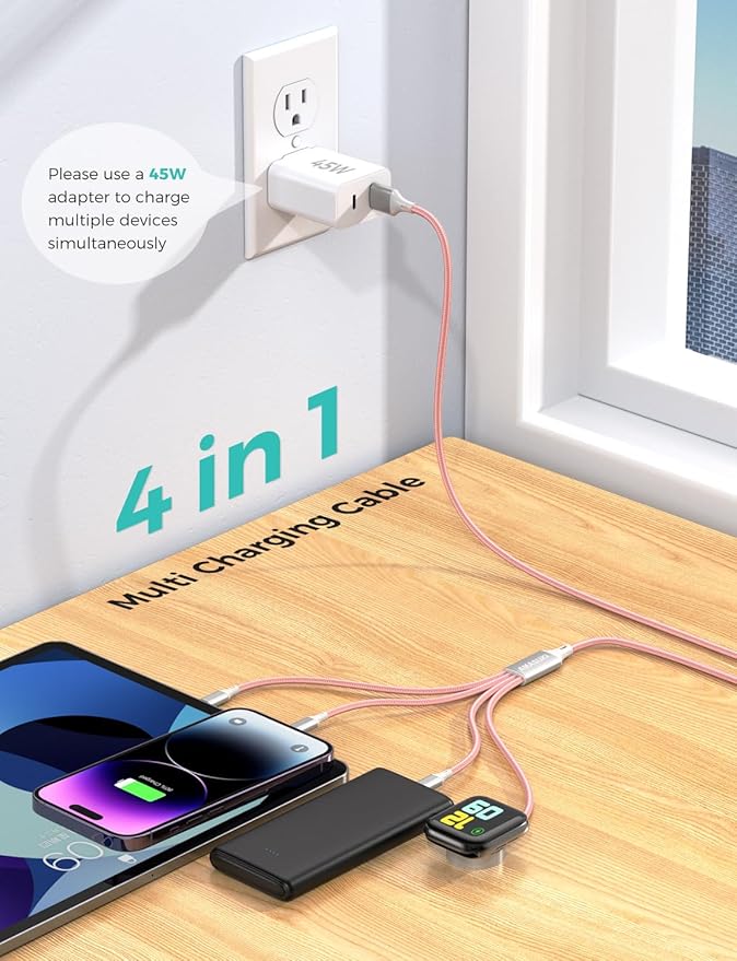 Travel Essentials,4 in 1 for Apple Watch Charger/iPhone Charger/Multi Charging Cable,Vacation RV Camping Essentials,USB C/L/Micro Portable Charger for iWatch 11-1/iPhone 17-12,Car&Gift-Pink