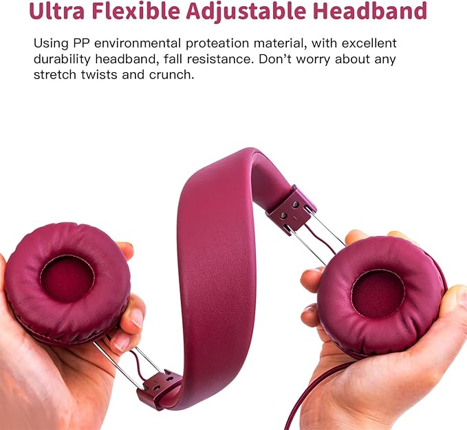 Olyre Kids Headphones,Wired Toddler Teens On-Ear Headphones with HD Microphone,94dB Volume Limit,Tangle-Free 3.5mm Jack Foldable Stereo Children Earphones for School,Tablet,Plane Travel Wine Red
