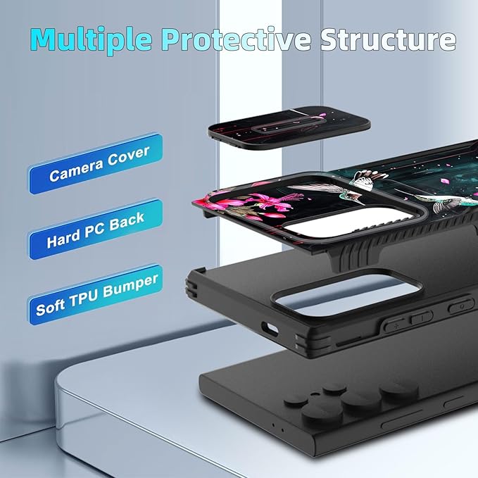 for Galaxy S26 Ultra Case Built in Slide Camera Lens Cover,Heavy Duty Shockproof Protection Dual Layer Case for Samsung Galaxy S26 Ultra 6.9" 2026,Flower Hummingbird