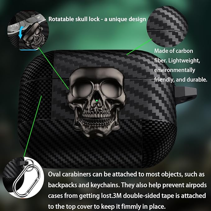 for Hard AirPods Pro 3 Case 2025|Funny 3D Skull Air Pods Pro 3 Case with Lock(Model A2700/A2931)|with Keychain|Halloween Cool Carbon Fiber Airpods 3 Pro Cases for Man Women(Black)