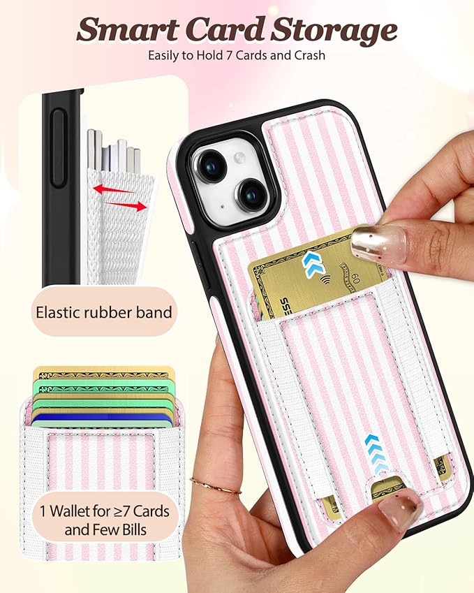 Shorogyt for iPhone 14 Wallet Case - Fits 5 Cards, Compatible with Magsafe Detachable Magnetic Credit Card Holder Leather Cardholder Cute Phone Cover Women Girls for Apple 14, Striped