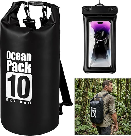 kullder Waterproof Dry Bag 10L, Roll Top Closure Black Water Proof Backpack, Heavy Duty Hunting Backpack, Durable Floating Dry Bag for Kayaking Boating Hiking with 7" Black IPX8 Waterproof Phone Case