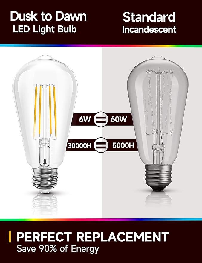 Dusk to Dawn Light Bulbs: Outdoor Light Bulbs, 6W Equivalent 60W Edison Bulbs, 3000K Warm White, Vintage 600LM LED Outdoor Lighting, E26 Base, Photocell Sensor, Automatic Bulb for Porch Patio, 4 Pack
