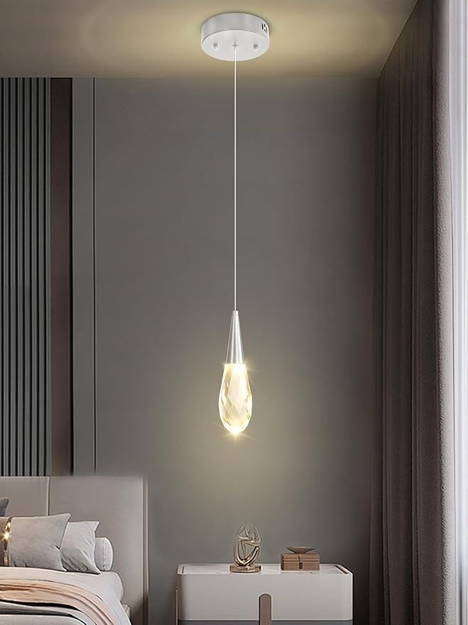 Pendant Light Kitchen Islan 1-Light Silver Small Chandelier Modern Crystal Pendant Light Fixture for Dining Room, Living Room,Bedroom, Foyer
