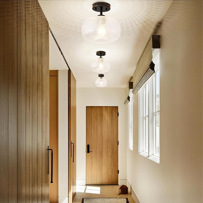 Modern Black Flush Mount Ceiling Light Fixtures,Hammered Globe Ceiling Lighting Adjustable Hanging with Seeded Glass Lampshade for Entryway Bedroom Kitchen Hallway Laundry Room,E26 Lamp,9.84 In