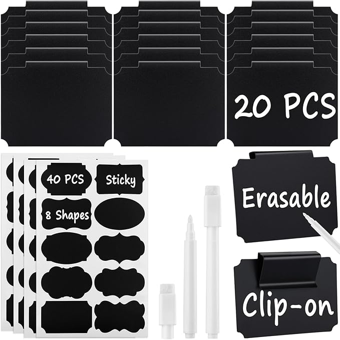 62Pcs Labels for Storage Bins, Including 20 Erasable Basket Labels Clip on Holder Removable PVC Bin,40 Pantry Labels, and 2 Chalk Marker Labels for Organizing Containers Drawer Basket Tags